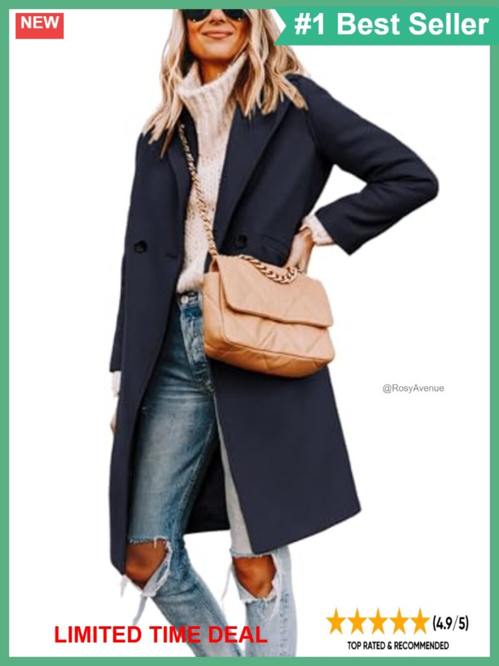Wool Blend Pea Coat Long Sleeve Notch Lapel Knee Length Trench Coat